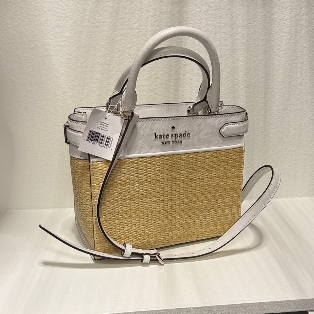NWT Kate Spade White and Natural Woven Leather-Trim Staci Straw Satchel - Picture 3 of 5